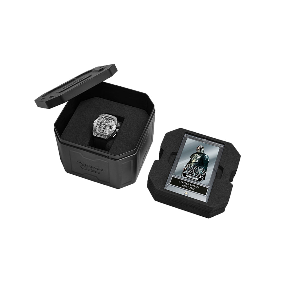 Star Wars The Mandalorian Limited Edition Men Silver with Black Accents Stainless Steel Black Premium Rubber - 46mm x 49.5mm AC6629MCRMD1