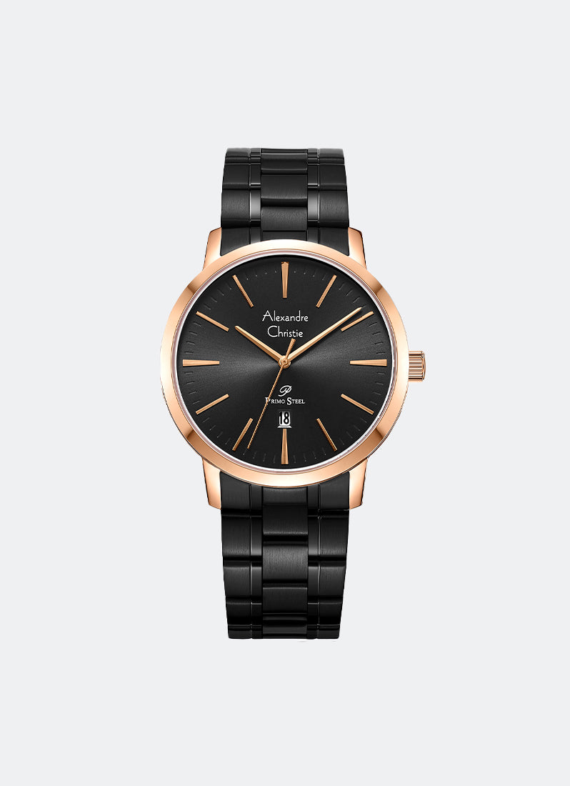 Primo Steel Men Black Dial Rose Gold Stainless Steel Black Leather - 41mmAC1028MDBBRBA