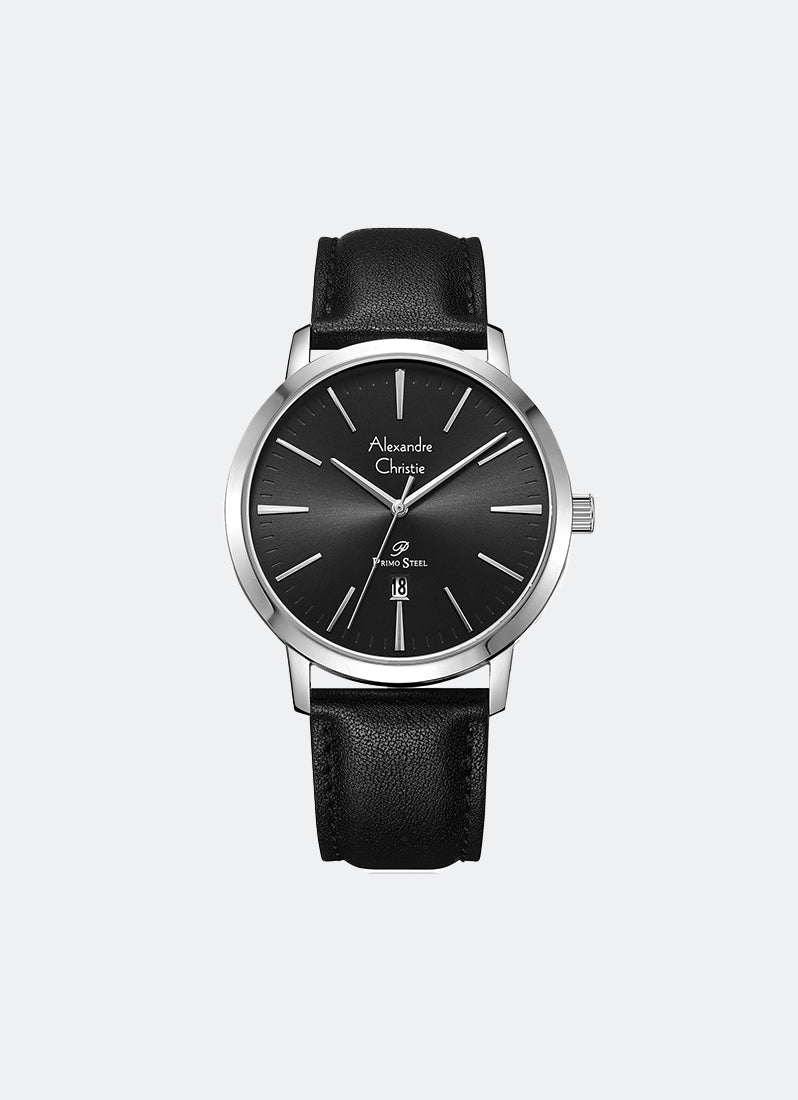 Primo Steel Men Black Dial Silver Stainless Steel Black Leather - 41mm AC1028MDLSSBA