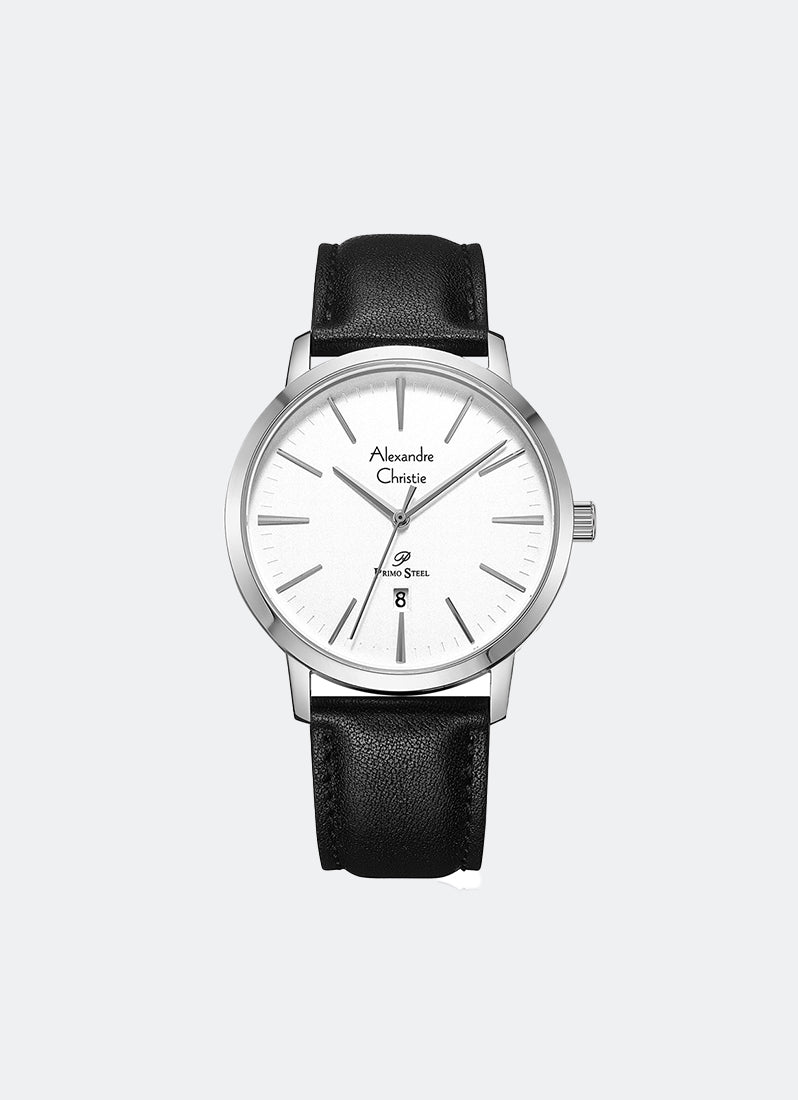 Primo Steel Men White Dial Silver Stainless Steel Black Leather - 41mm AC1028MDLSSSL