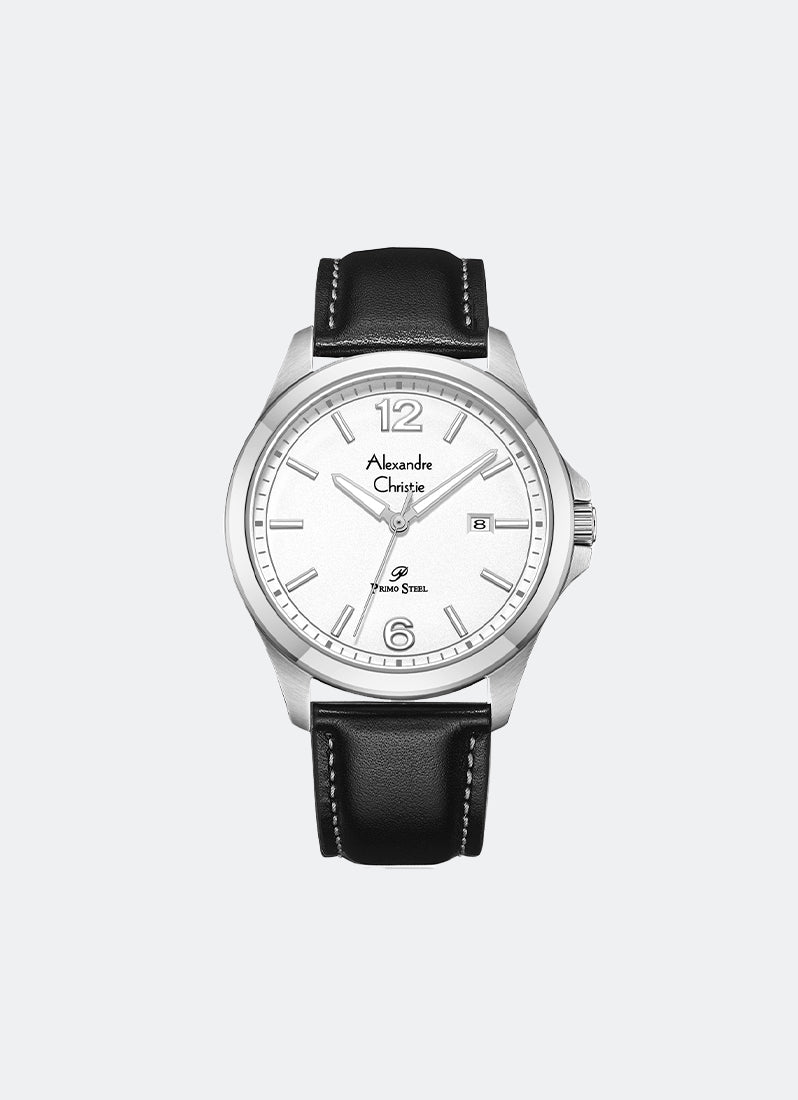 Primo Steel Men White Dial Silver Stainless Steel Black Leather - 40mm AC1029MDLSSSL