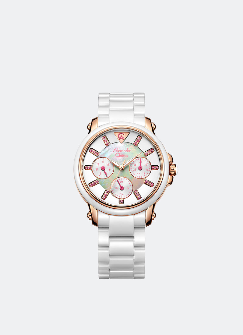 Alexandre Christie Passion Boyfriend Multifunction Band Rose gold White Mother of Pearl Dial 36mm - AC2375BFBRGSLPN