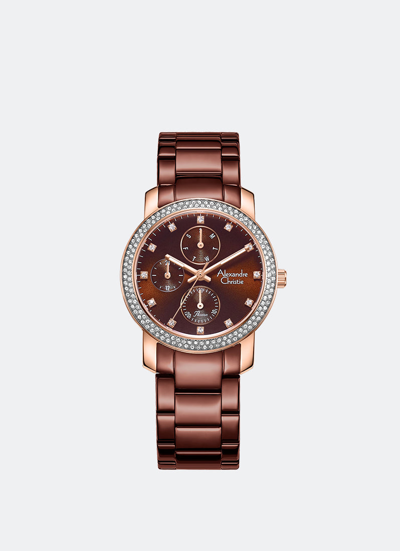 Alexandre Christie Passion Boyfriend Multifunction Band Rose gold Brown Sunray Dial 34mm - AC2A61BFBROBO