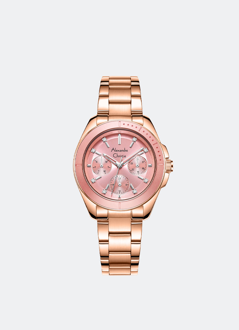 Alexandre Christie Passion Boyfriend Multifunction Band Rose Gold Pink Dial 34mm - AC2A68BFBRGPN