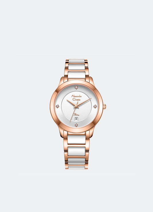 Alexandre Christie Ladies Date Band Rose Gold White Dial 33mm - AC2A71LDBRGSL
