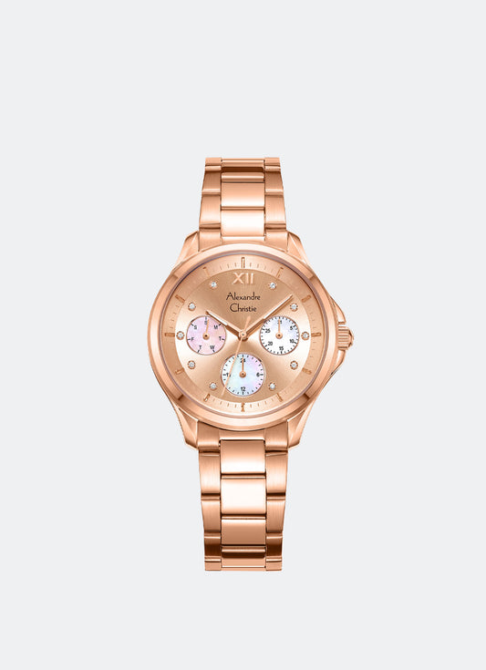 Alexandre Christie Passion Boyfriend Multifunction Band Rose Gold Gold Sunray Dial 34mm - AC2A73BFBRGLN