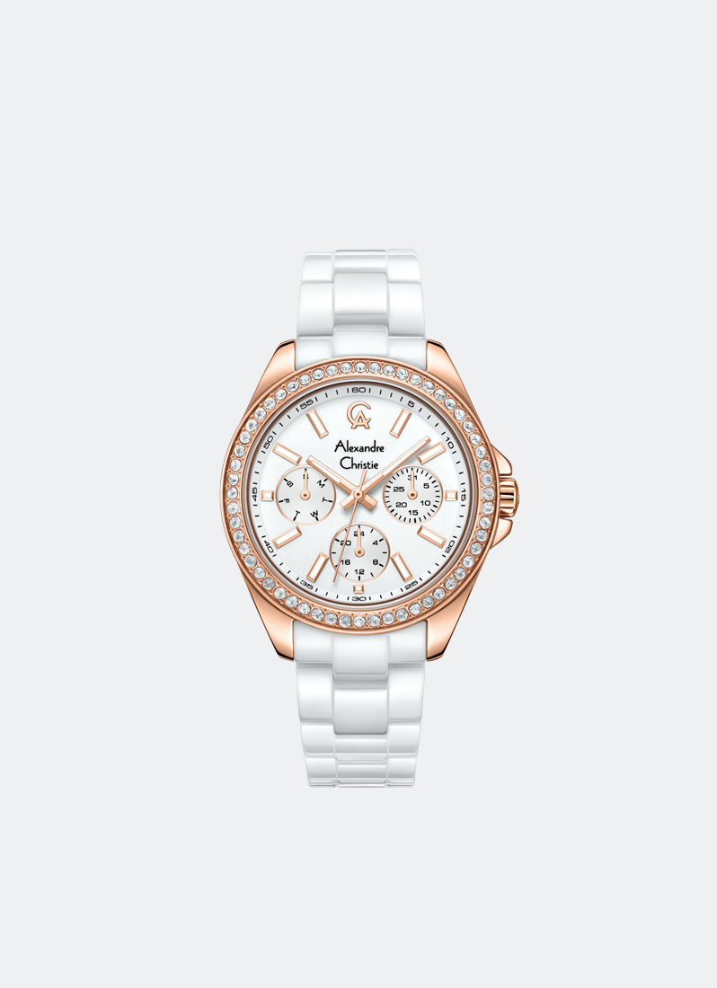 Alexandre Christie Passion Boyfriend Multifunction Band Rose Gold White Dial 34mm - AC2A74BFBRGSL