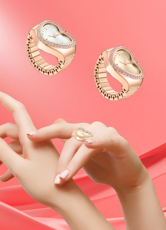 Ring Watch Ladies Heart-shaped Rose Gold Gold Dial 20mm - AC2B05LHBRGLNPE