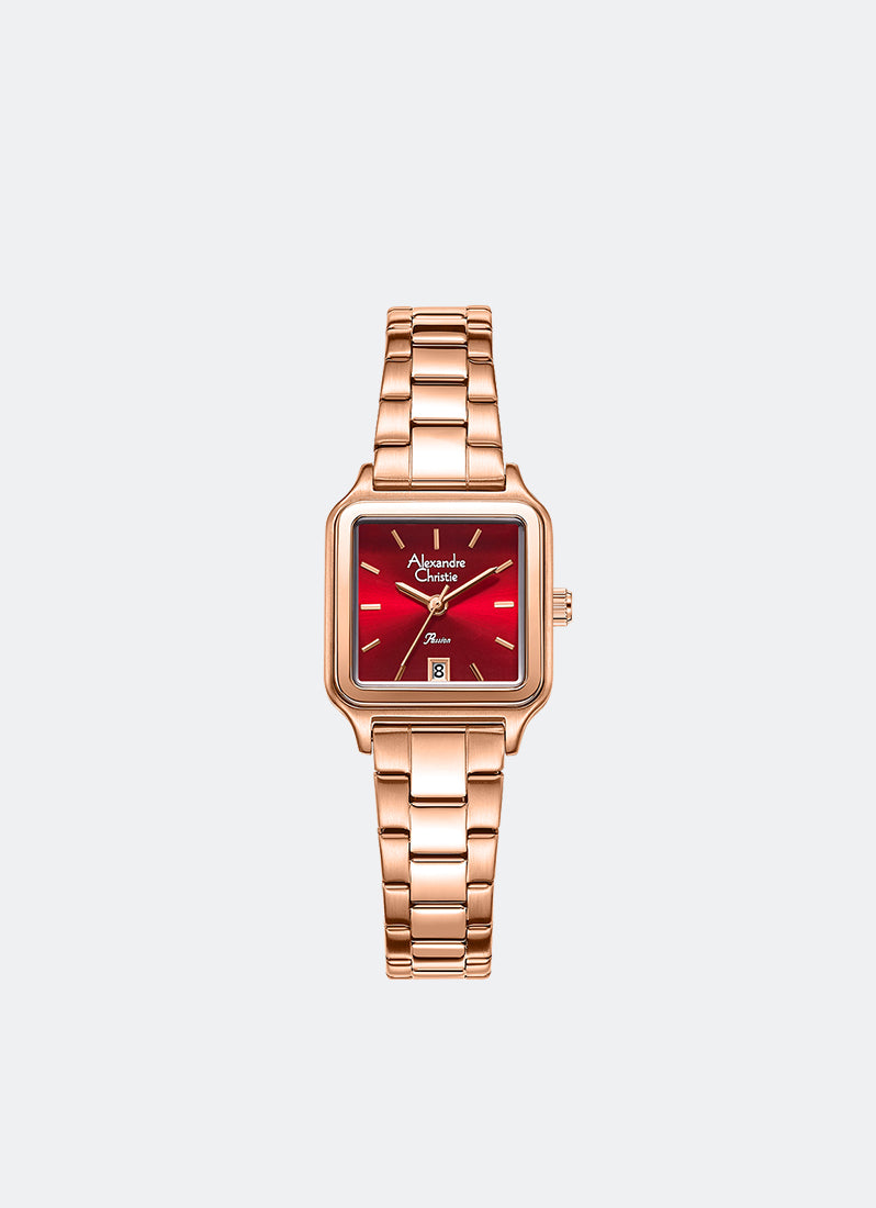 Jam Tangan Alexander Christie Passion Ladies Band Date Rose Gold red Dial 24 x 31mm