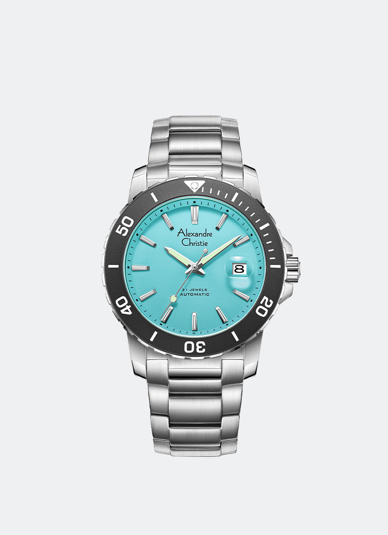 Automatic Men Silver Light Blue Dial Black with White Accents Stainless Steel Silver Bracelet - 42mm AC6141MABSSLB