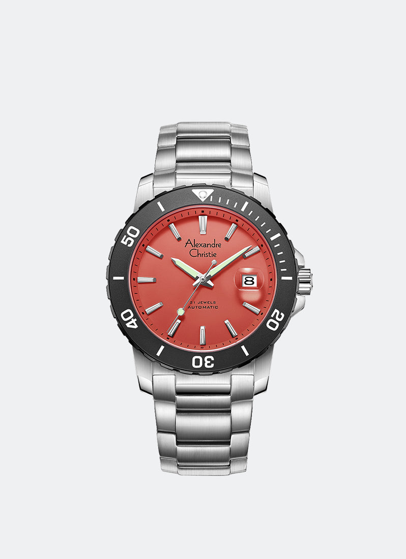 Automatic Men Silver Orange Dial Black with White Accents Stainless Steel Silver Bracelet - 42mm AC6141MABSSOR