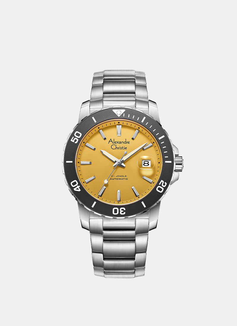 Automatic Men Silver Yellow Dial Black with White Accents Stainless Steel Silver Bracelet - 42mm AC6141MABSSYL