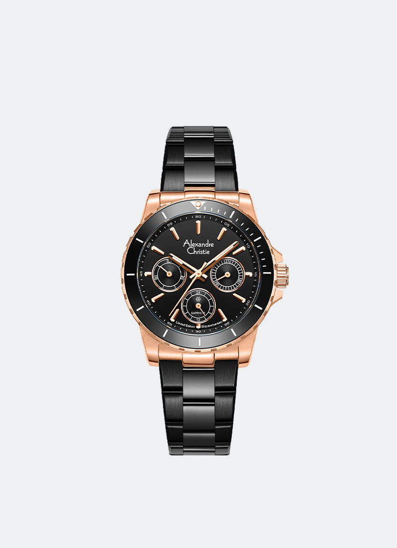 25th Anniversary Limited Edition Gift Set Multifunction Boyfriend Black Dial Black & Rose Gold Stainless Steel Black Ceramic & Genuine Calf Leather - 35mm AC6141XXVBBRBA