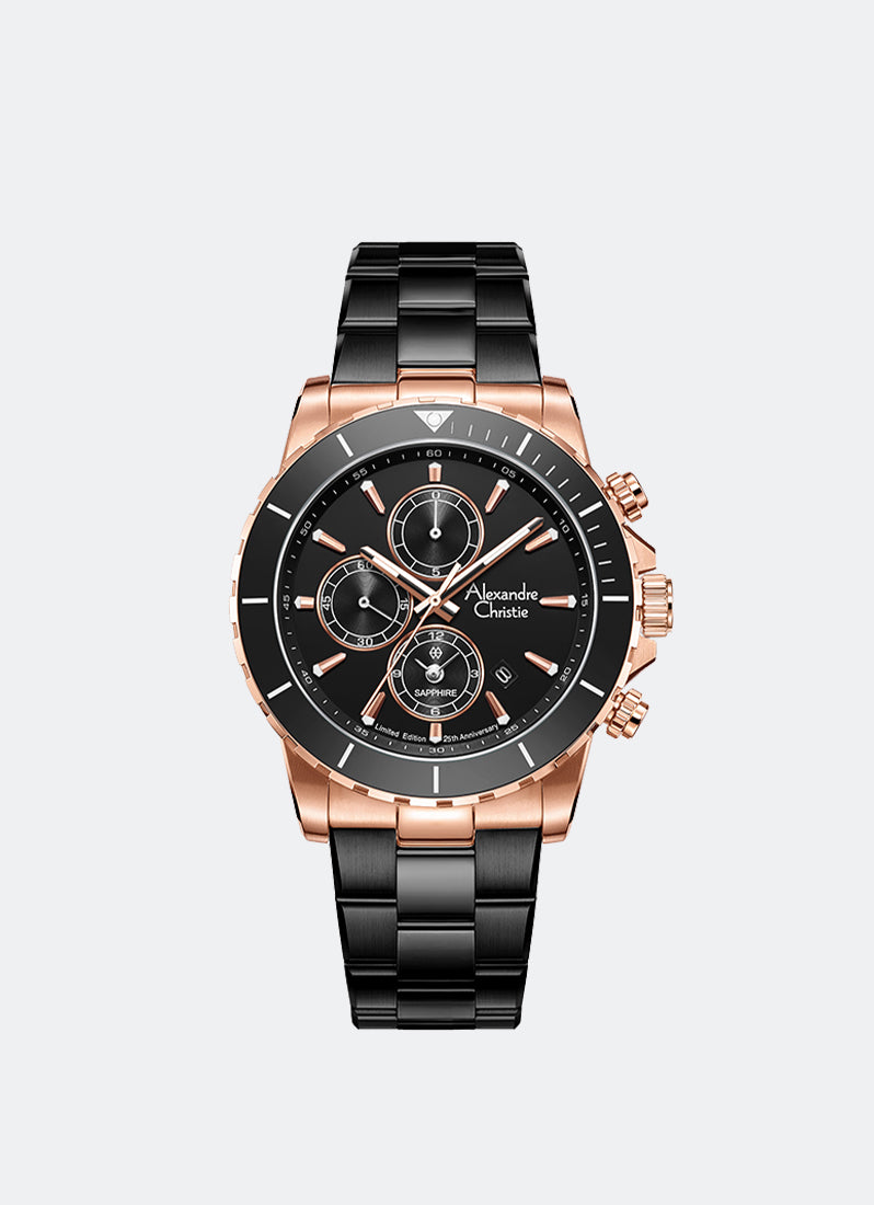 25th Anniversary Limited Edition Gift Set Chronograph Men Black Dial Black & Rose Gold Stainless Steel Black Ceramic & Genuine Calf Leather - 42mm AC6141XXVMBRBA