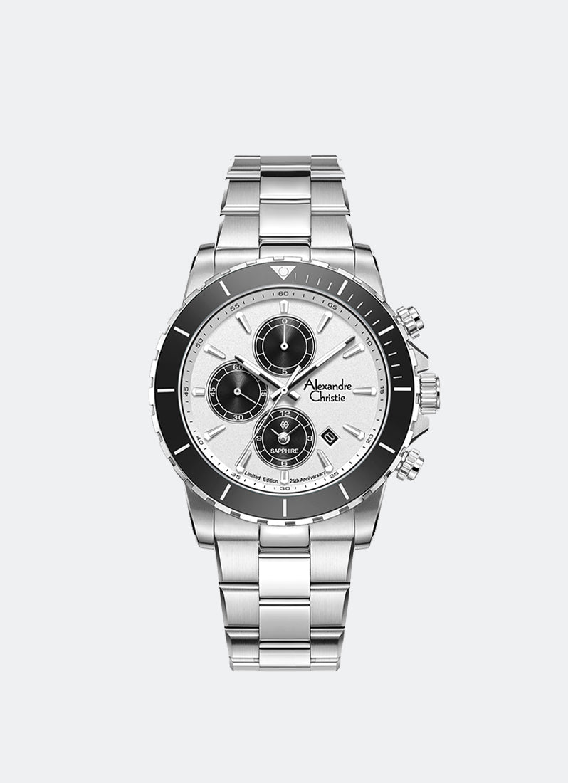 25th Anniversary Limited Edition Gift Set Chronograph Men White & Black Dial Black & Silver Stainless Steel Silver Ceramic & Genuine Calf Leather - 42mm AC6141XXVMSSSLBA