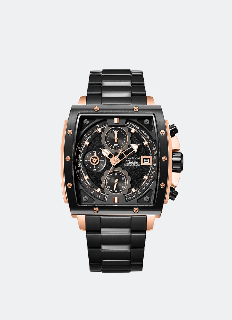Alexandre Christie Sport Chrono Men Chronograph Band Rose gold Black Dial 44mm - AC6376MCBBRBA