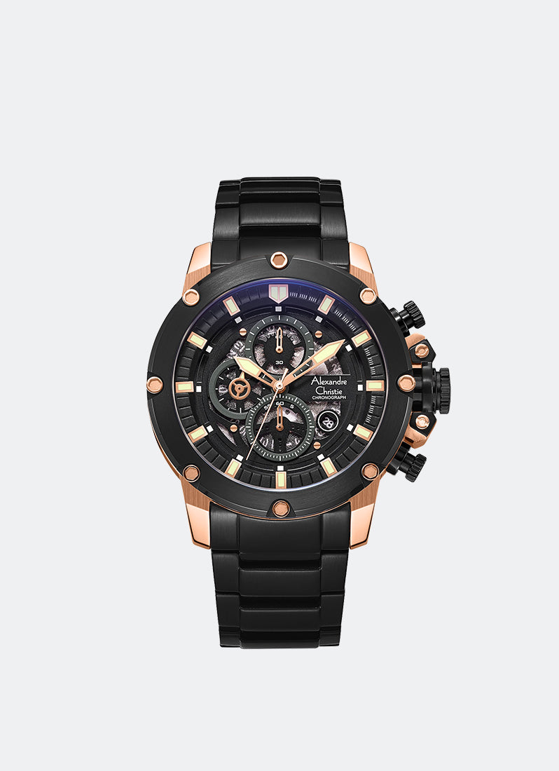 Alexandre Christie Sport Chrono Men Chronograph Band Rose gold Black Dial 46mm - AC6564MCBBRBA