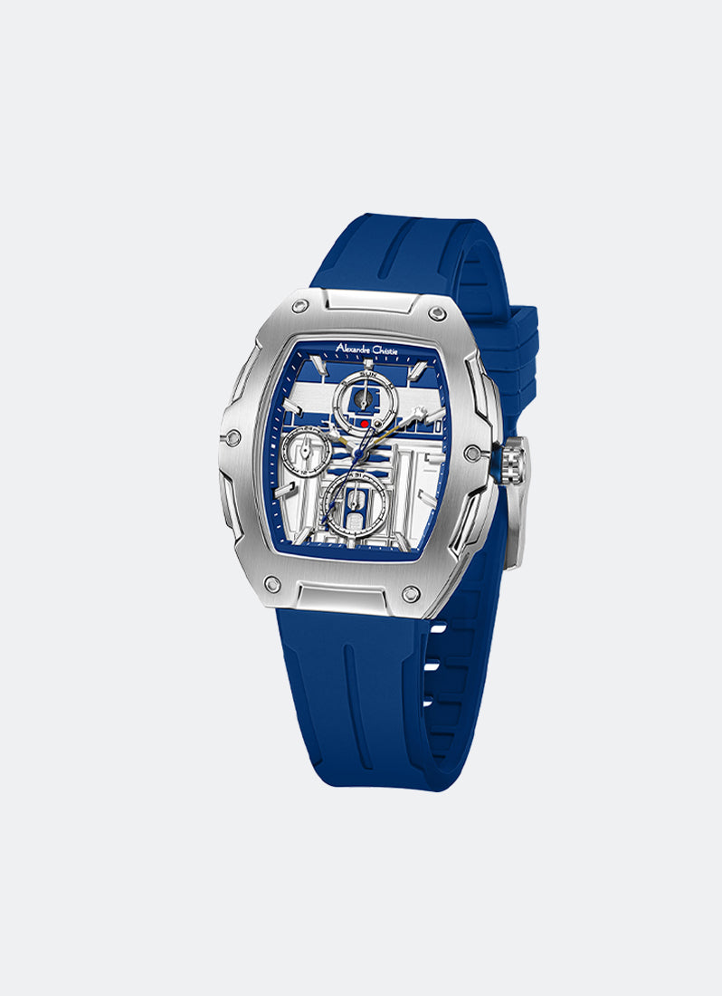 Jam tangan Alexandre Christie Star Wars R2-D2 Limited Edition dengan dial perak dan biru serta tali karet polimer biru