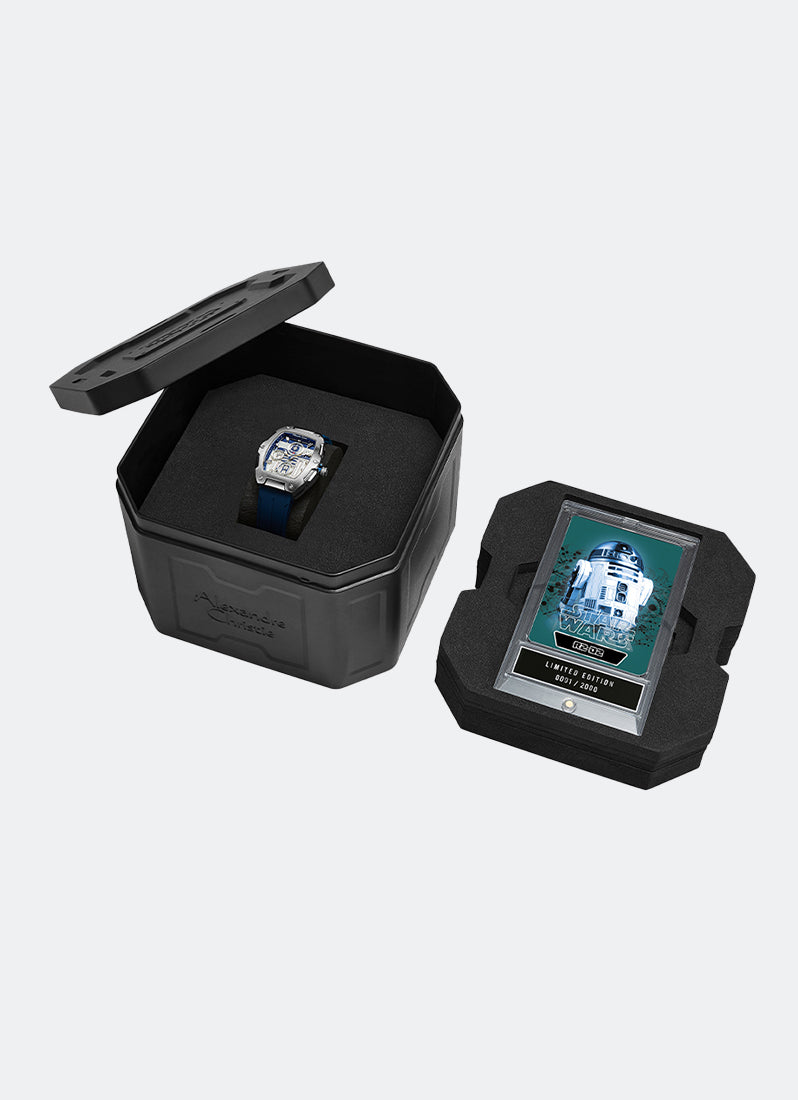 Jam tangan Alexandre Christie Star Wars R2-D2 edisi terbatas dengan tali karet biru dan kotak penyimpanan khusus