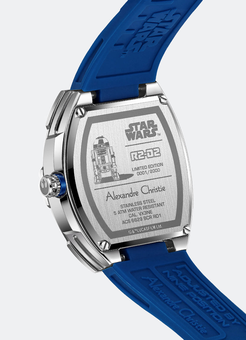 Bagian belakang jam tangan Alexandre Christie Star Wars R2-D2 Limited Edition dengan casing baja tahan karat dan tali karet biru