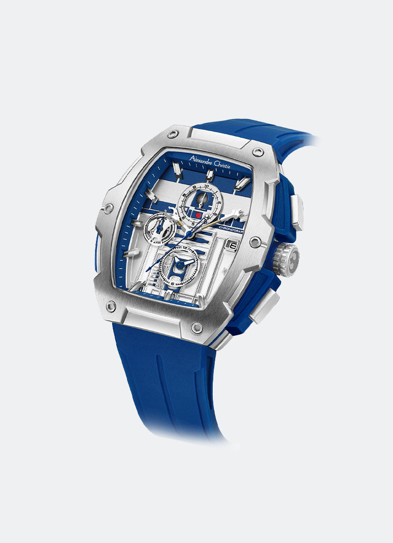 Jam tangan pria Alexandre Christie Star Wars R2-D2 edisi terbatas dengan dial perak dan biru serta tali karet polimer biru