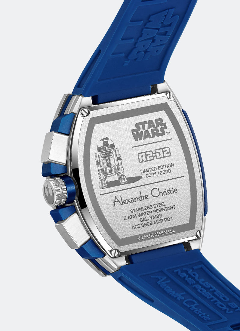 Bagian belakang casing jam tangan Alexandre Christie Star Wars R2-D2 edisi terbatas dengan tali karet biru