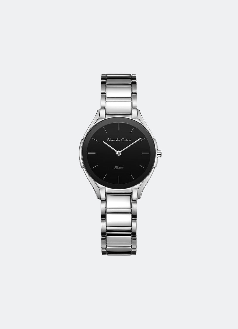 Asteria Ladies Silver & Black Dial Silver 3-link Strap 30mm - AC8610LHBSSBA
