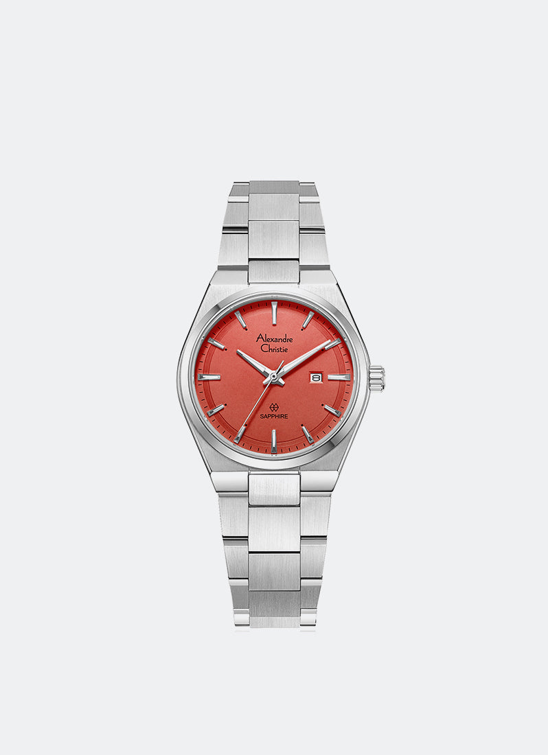 Sapphire Ladies Band Date Silver Red Dial 32 mm AC8697LDBSSOR