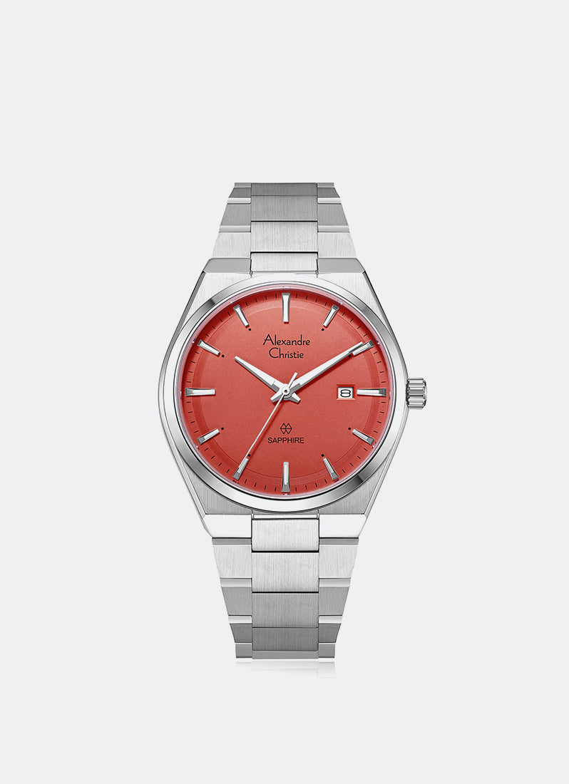 Sapphire Men Band Date Silver Red Dial 39 mm AC8697MDBSSOR