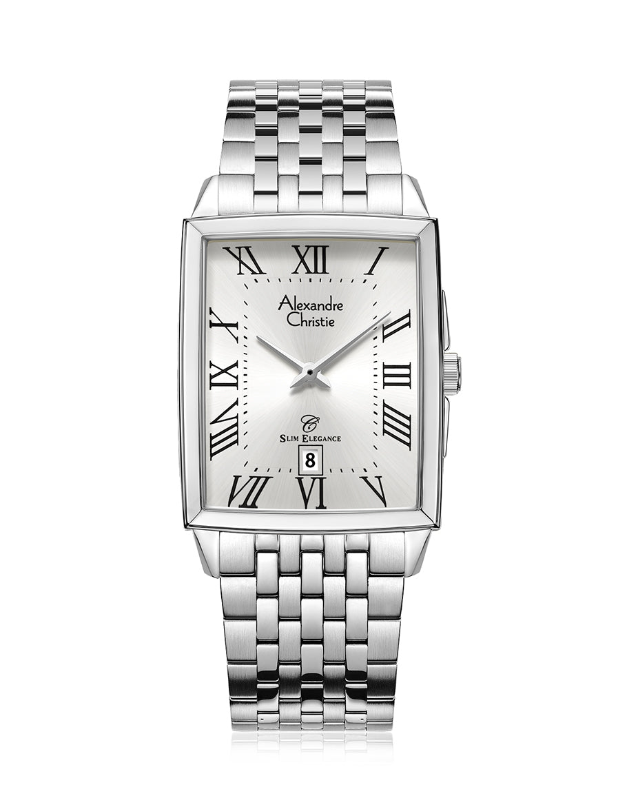 Classic Steel Men Silver Roman Numeral Date Dial Silver 7-link Strap 29mm x 44.6mm - AC8708MDBSSSLRM