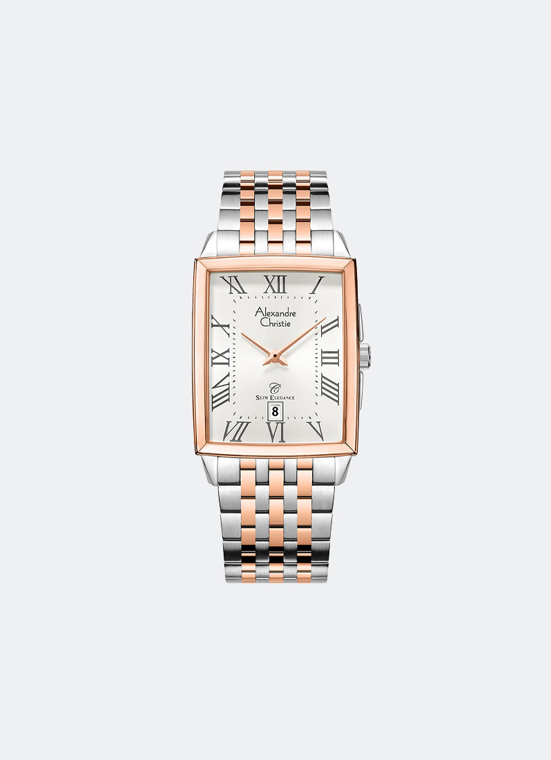 Classic Steel Men Rose Gold & White Roman Numeral Date Dial Two-tone 7-link Strap 29mm x 44.6mm - AC8708MDBTRSLRM