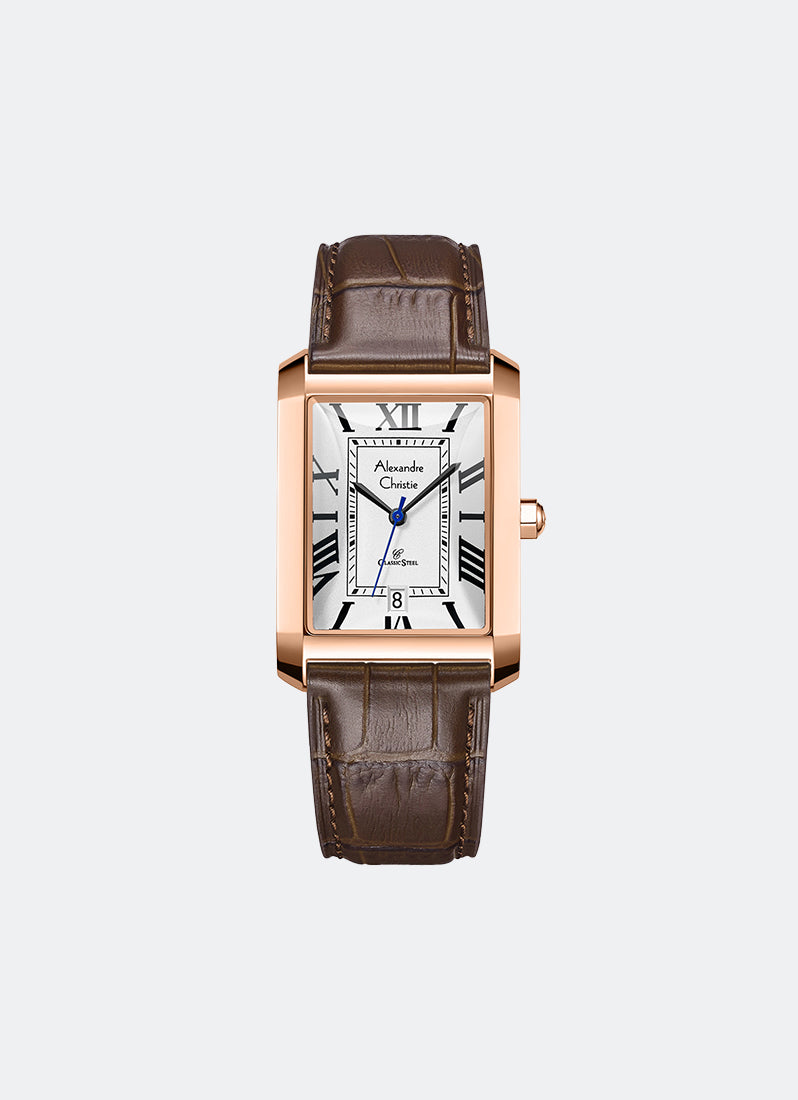 Classic Steel Men White Dial Rose Gold Stainless Steel Brown Leather - 28mm x 40mm AC8714MDLRGSL