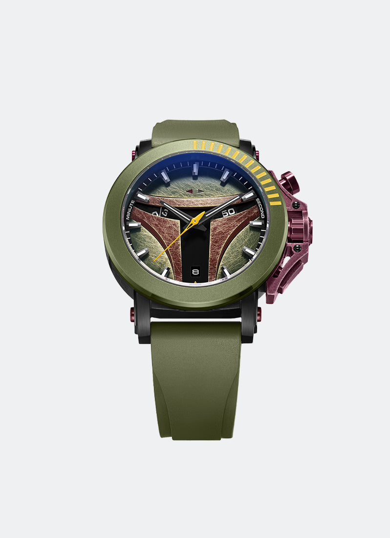 Star Wars Boba Fett Limited Edition Gift Set Chronograph Men Olive Green with Maroon & Black Accents Stainless Steel Olive Green with Yellow & Maroon Accents Stainless Steel Olive Green Premiun Rubber - 45mm AC9205MCRBF1