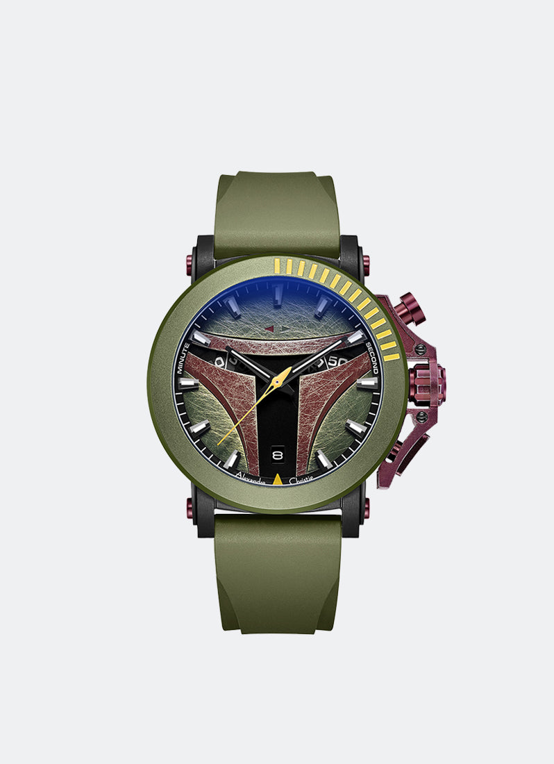 Star Wars Boba Fett Limited Edition Gift Set Chronograph Men Olive Green with Maroon & Black Accents Stainless Steel Olive Green with Yellow & Maroon Accents Stainless Steel Olive Green Premiun Rubber - 45mm AC9205MCRBF1