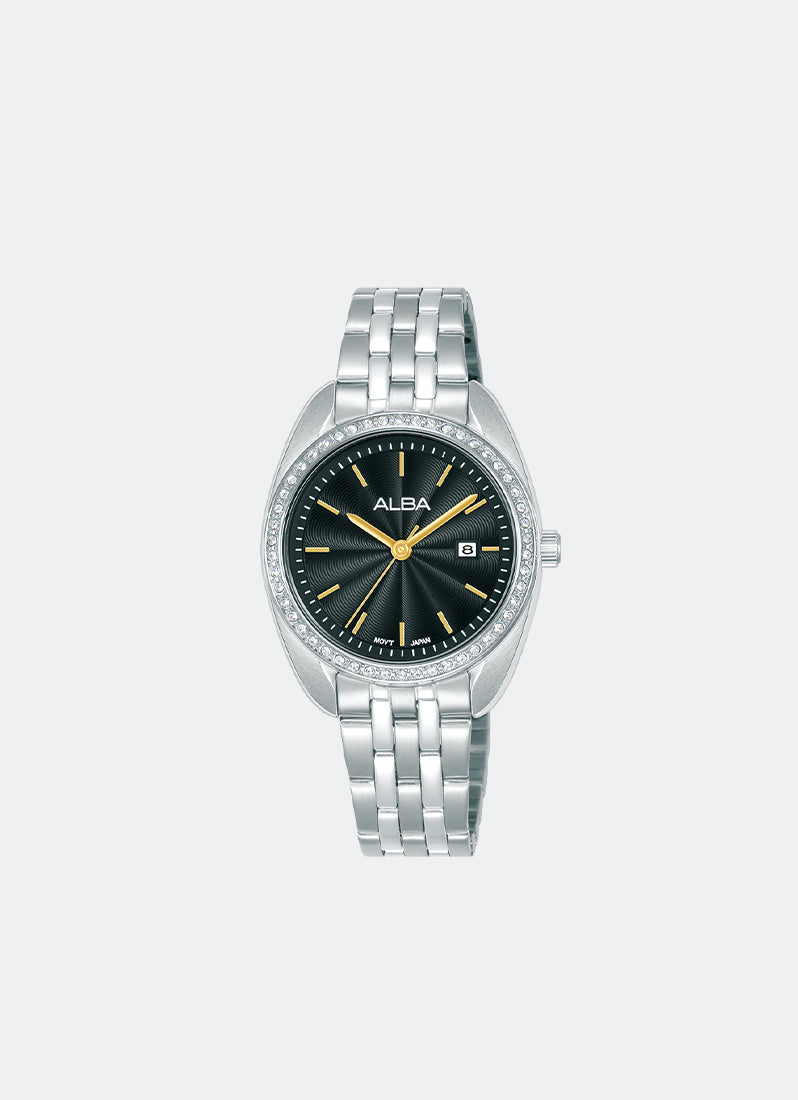 Fashion Quartz Women Black Dial with Gold Accents Silver Stainless Steel 30mm - AH7EV1