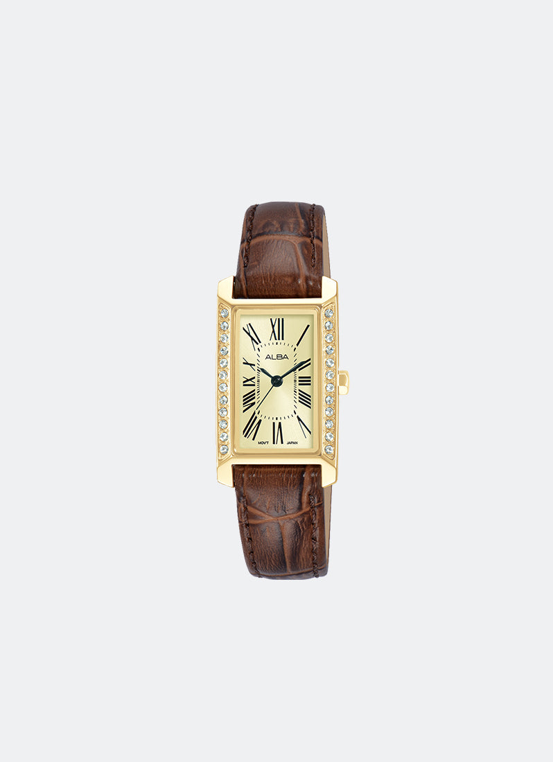 Fashion Quartz Women Light Champagne Dial Brown Leather 19.4mm - AK3064
