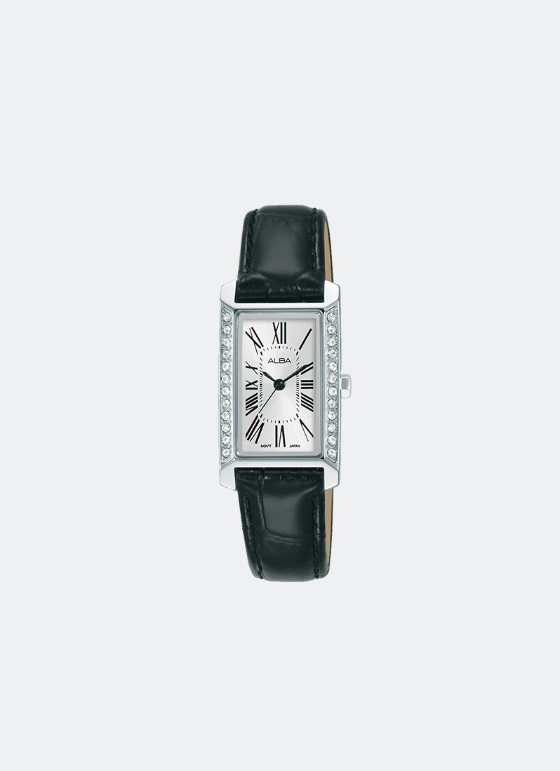 Fashion Quartz Women Silver White Dial Black Leather 19.4mm - AK3065