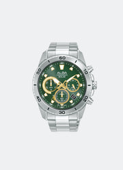 Active Solar Chrono Men Green Dial with White & Gold Accents Silver Stainless Steel 43.8mm - AZ5011