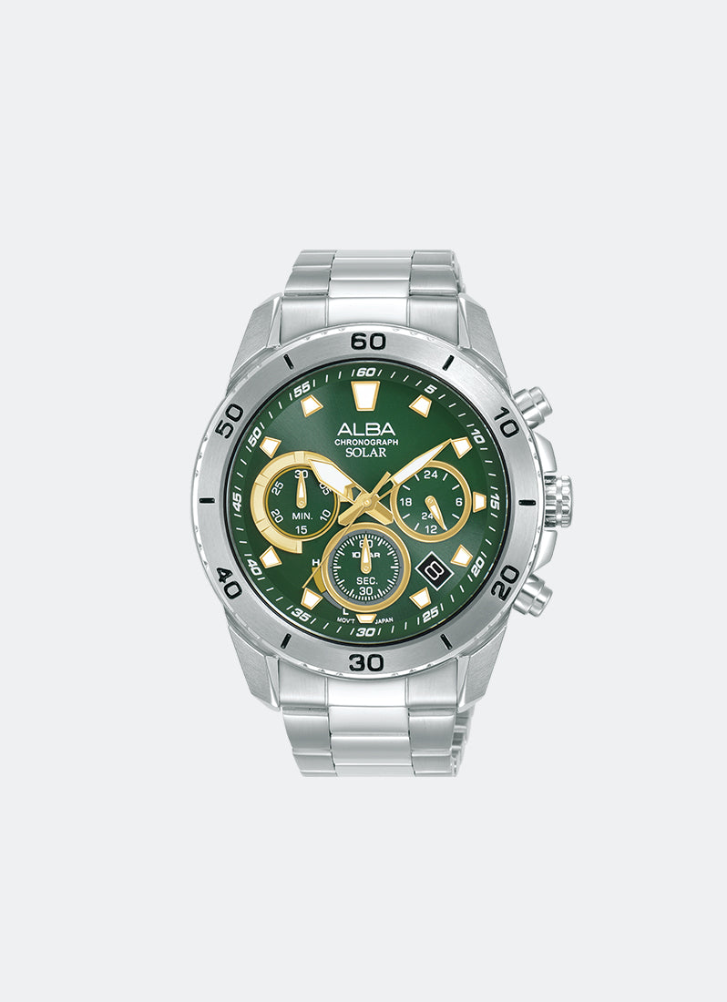 Active Solar Chrono Men Green Dial with White & Gold Accents Silver Stainless Steel 43.8mm - AZ5011