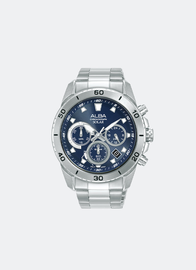 Active Solar Chrono Men Blue Dial with White Accents Silver Stainless Steel 43.8mm - AZ5013