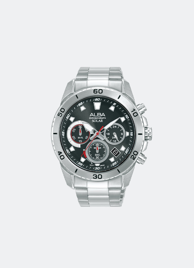 Active Solar Chrono Men Black Dial with White & Red Accents Silver Stainless Steel 43.8mm - AZ5015