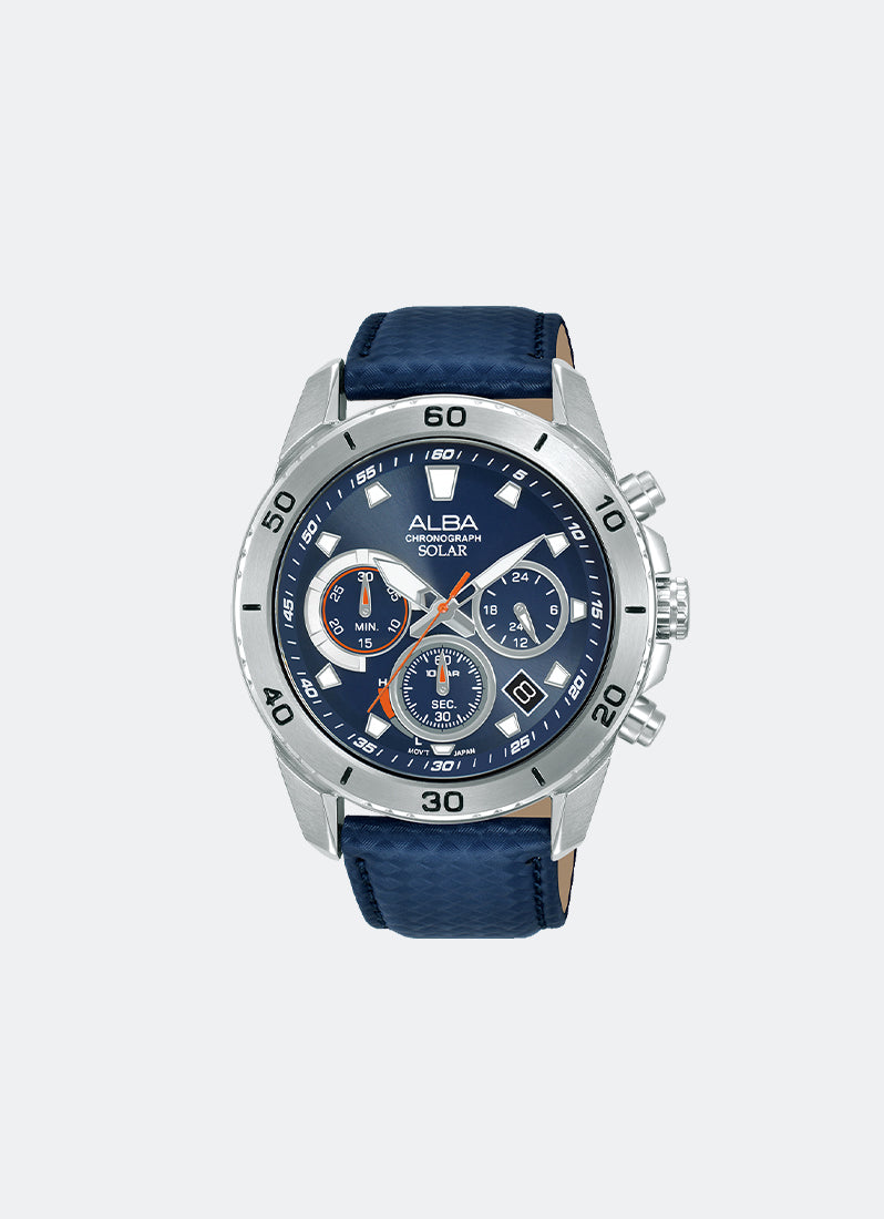 Active Solar Chrono Men Blue Dial with White & Red Accents Blue Leather 43.8mm - AZ5017