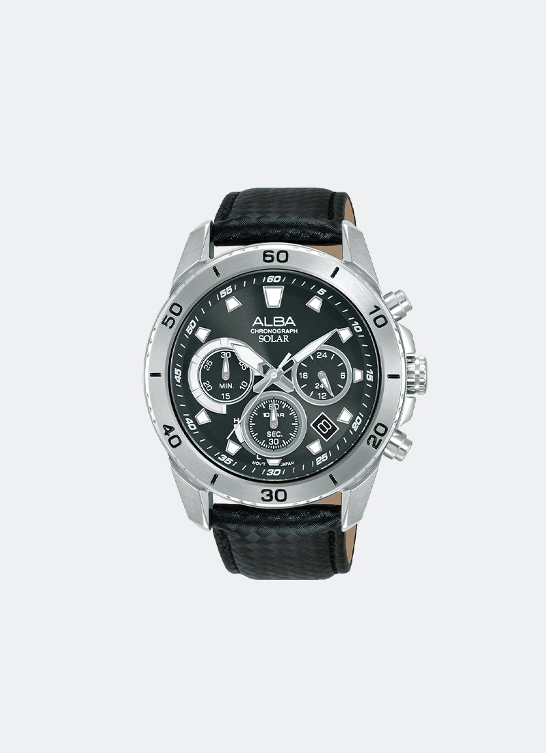 Active Solar Chrono Men Black Dial with White Accents Black Leather 43.8mm - AZ5019