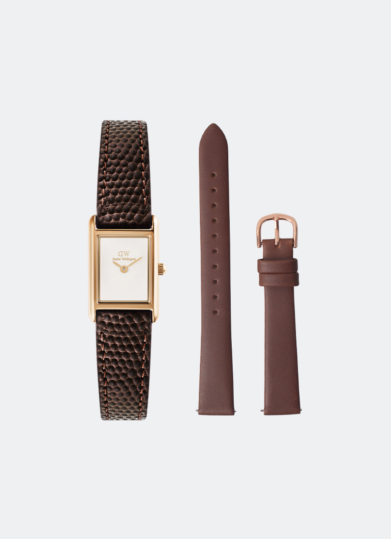 [BUNDLE WATCH + STRAP] Bound Mini Dark Brown Lizard Rose Gold (17mm x 25.9mm) + Brown Leather with Rose Gold Buckle - 14mm