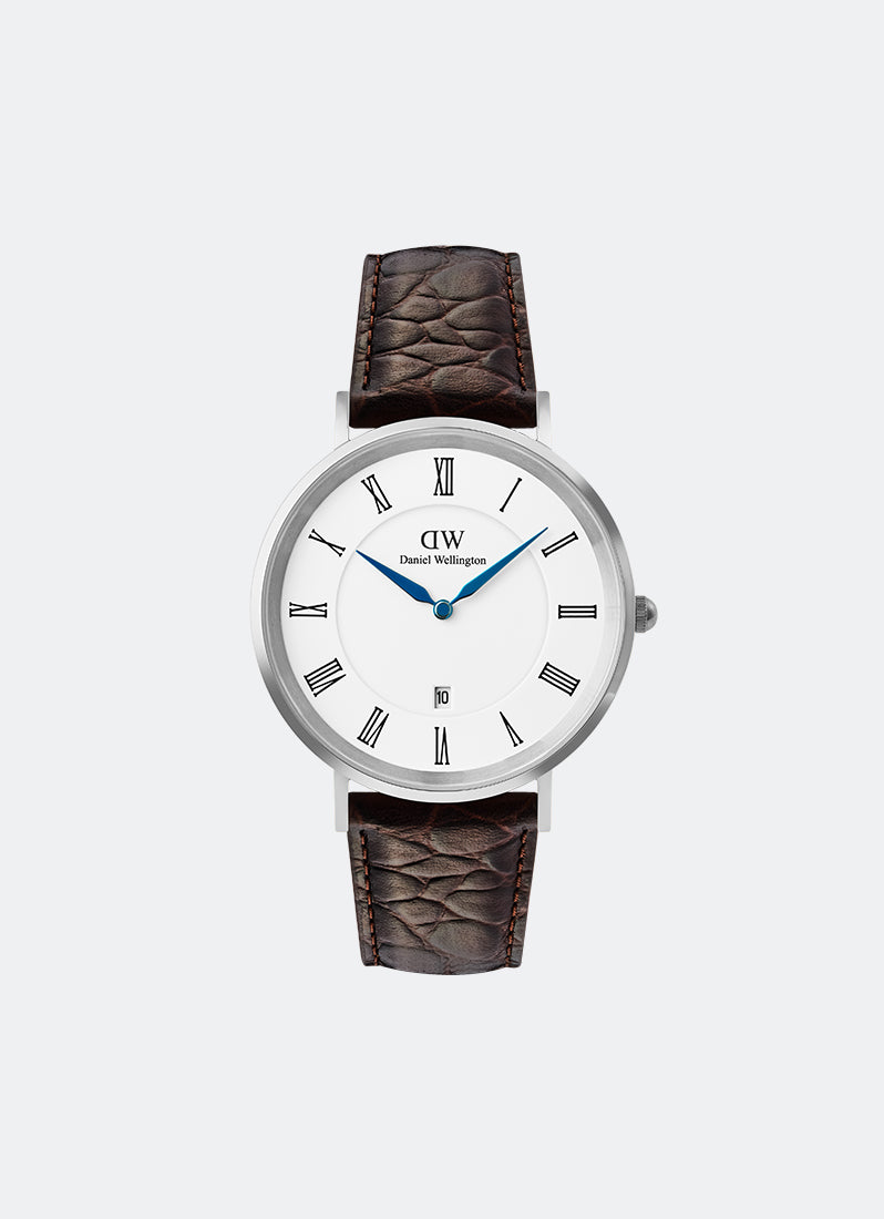 Classic Roman Numerals Date Dark Brown Croc Belly Silver (40mm) DW00100911