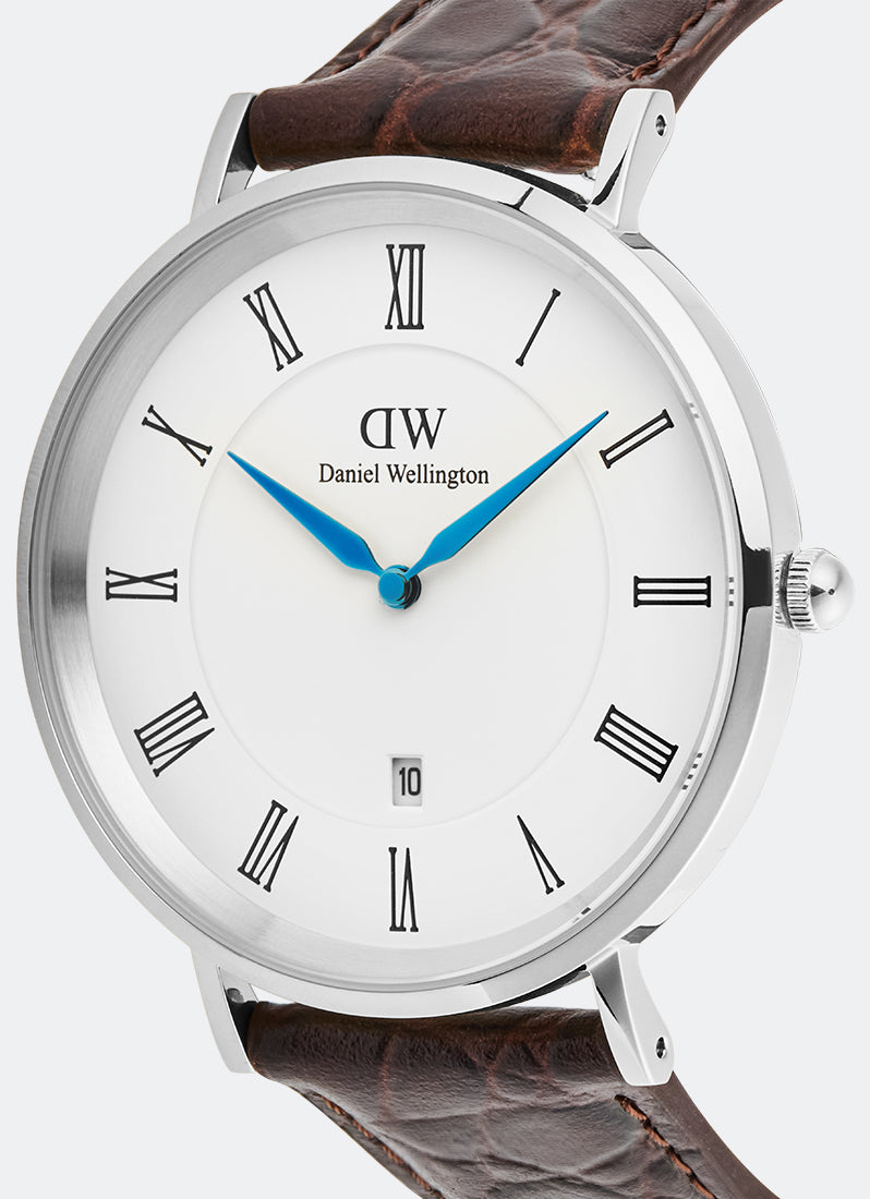 Classic Roman Numerals Date Dark Brown Croc Belly Silver (40mm) DW00100911