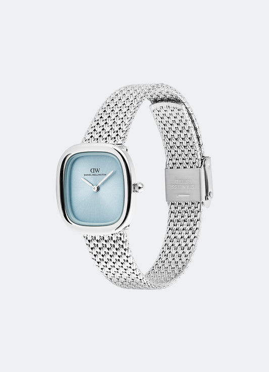 Jam tangan wanita Daniel Wellington Margot Ice Blue dengan dial biru muda dan tali mesh perak