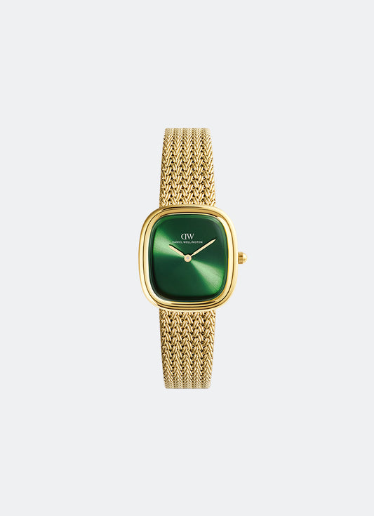 Jam tangan wanita Daniel Wellington Margot Emerald Braided Mesh Gold dengan dial hijau zamrud dan tali rantai anyam berwarna emas