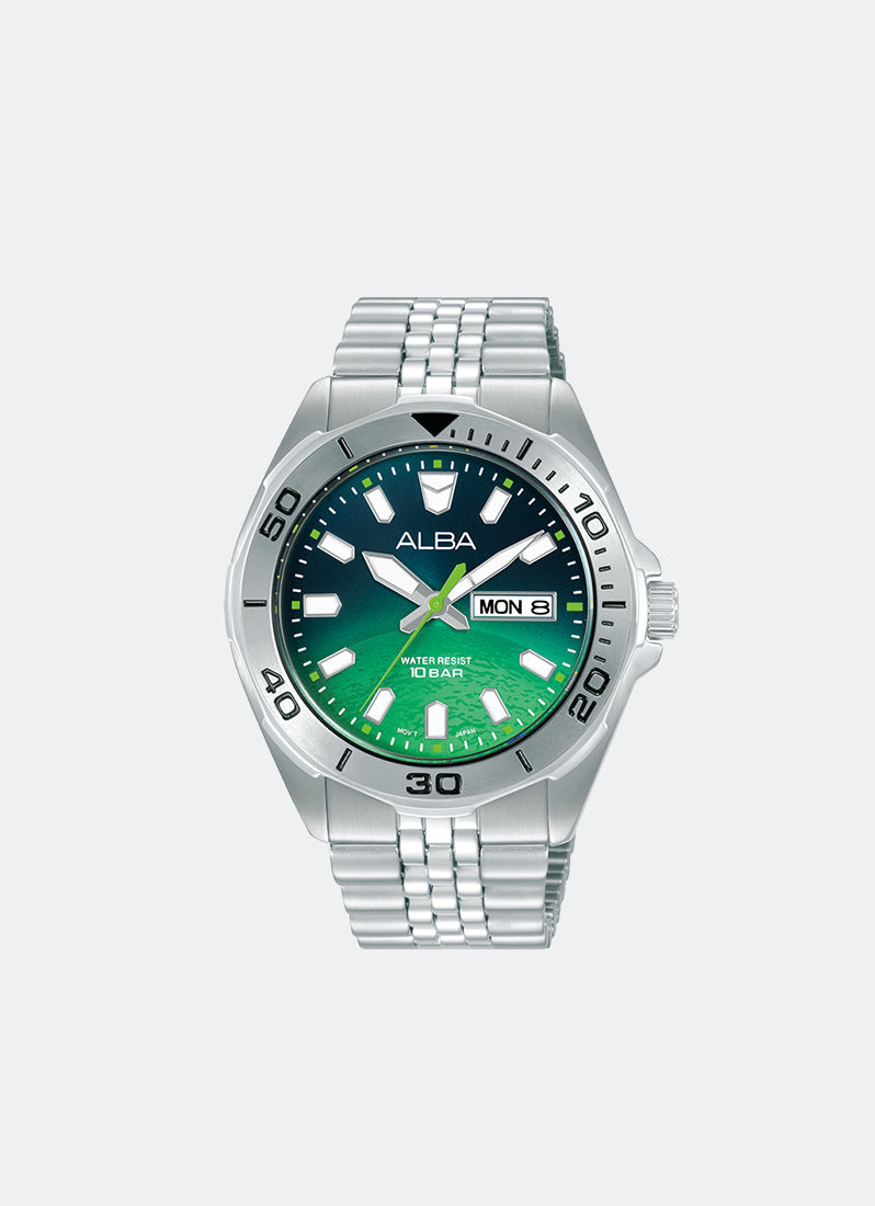 Jam Tangan Alba Active Gravity Earth Men Green Dial Stainless Steel Strap 42mm AV3579eAV3579X1