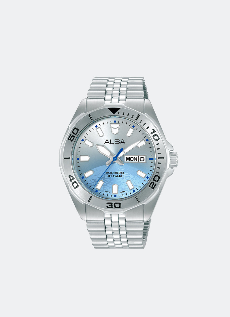 Jam Tangan Alba Active Gravity Uranus Men Light Blue Dial Stainless Steel Strap 42mm AV3587